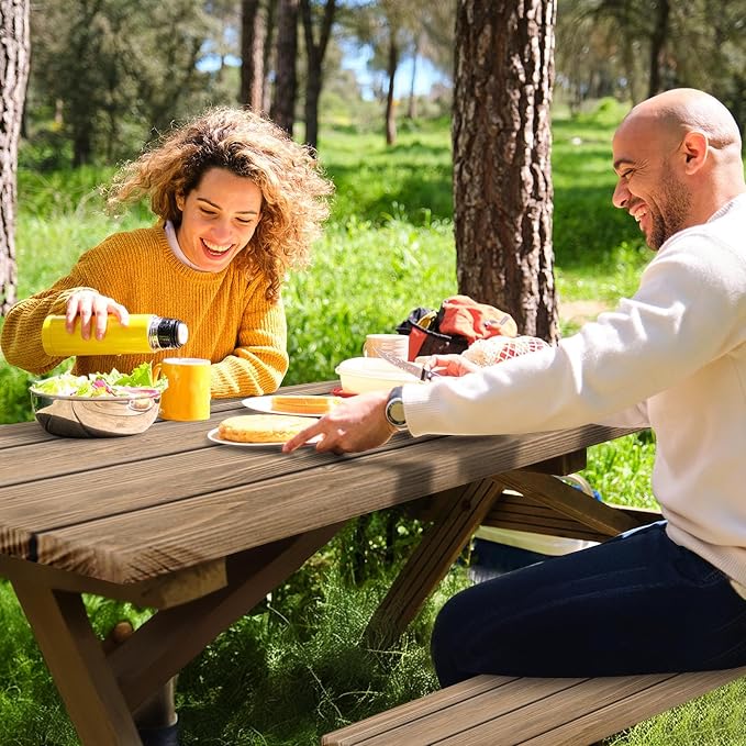 Sunflower Wooden Picnic Table Cover with Bench Covers, Rustic Summer Floral Farmhouse Outdoor Camping Essentials 6FT 3PCS Fitted Rectangle RV Must Haves Tablecloth with Drawstring Bag
