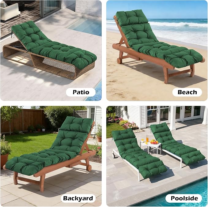 Chaise Lounge Cushions Outdoor, Waterproof & Fade Resistant Patio Lounge Chair Cushion for Outdoor Furniture, Chaise Cushion with Ties for Patio, Pool, Lawn and Beach, 75.1x22.8x4.7 Inch, Forest Green