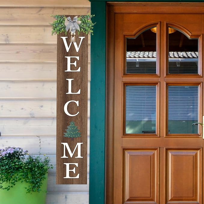 Interchangeable Welcome Sign for Front Door Standing 47"X8" with 12 Pcs Designed Icons Outdoor Front Porch Tall Garden Patio Signs Large Vertical Leaner Vertical Wood Frame Outside Decor (Wood)