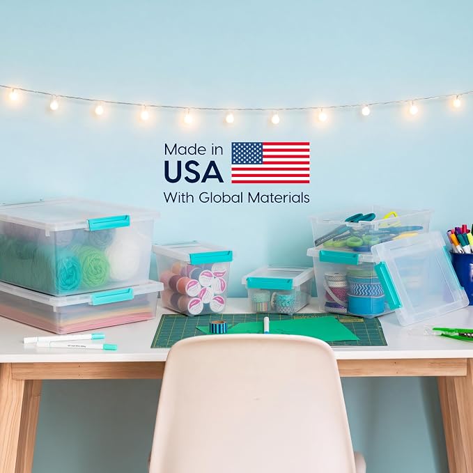 IRIS USA 4 Qt. Craft Storage Bins with Lids, 6-Pack, |Made in USA|, Clip Box, Small Plastic Sensory Bin Tote Organizer Containers for Art Supplies, Paper, & Office, Stackable - Clear/Seafoam Blue