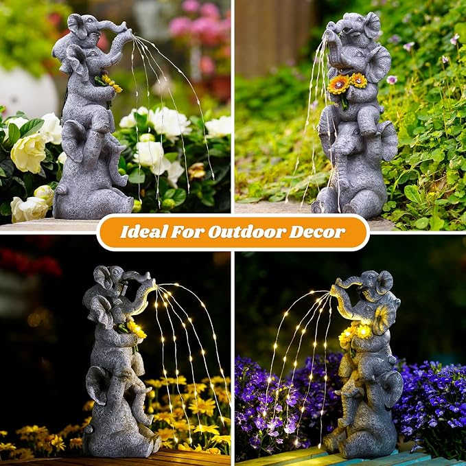 Pohabery Solar Garden Decor Elephant Statue Outdoor, Luck Triple Elephant Decorations for Yard Porch Lawn Patio - Ideal Gifts for Women Mom Grandma Senior Elder or Birthdays 12"