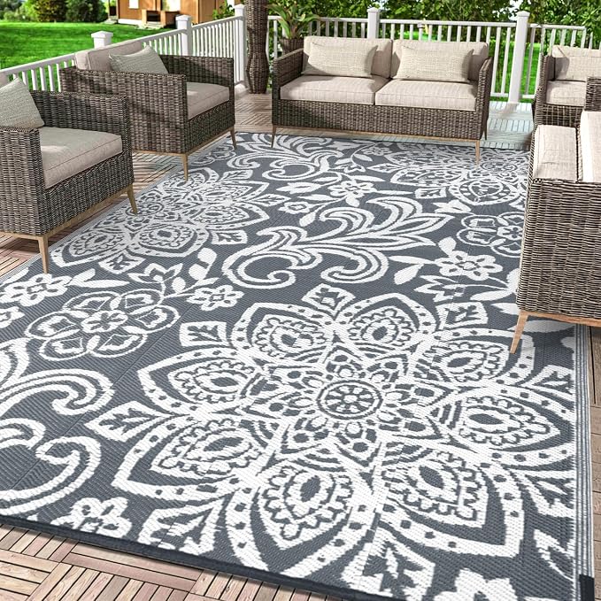 Findosom Waterproof Outdoor Rug 9' x 18' - Reversible Mandala Outdoor Plastic Straw Rug, Durable Foldable Patio Rug for RV, Deck, Balcony, Backyard, Picnic, Porch, Camping, Beach, Gray