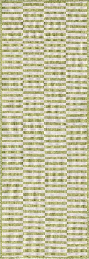 Unique Loom Outdoor Striped Collection Area Rug - Striped (2' x 6' 1" Runner, Green/Ivory)