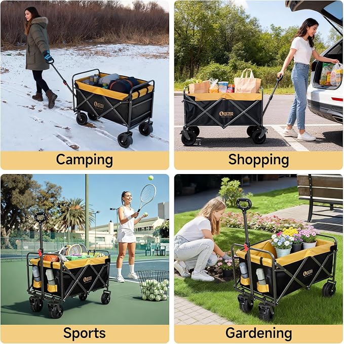 56" Large Collapsible Folding Wagon with Tailgate and Brake, 600LBS Heavy Duty Utility Cart, 250L Large All-Terrain Beach Wagon for Camping Garden Shopping Grocery Sports