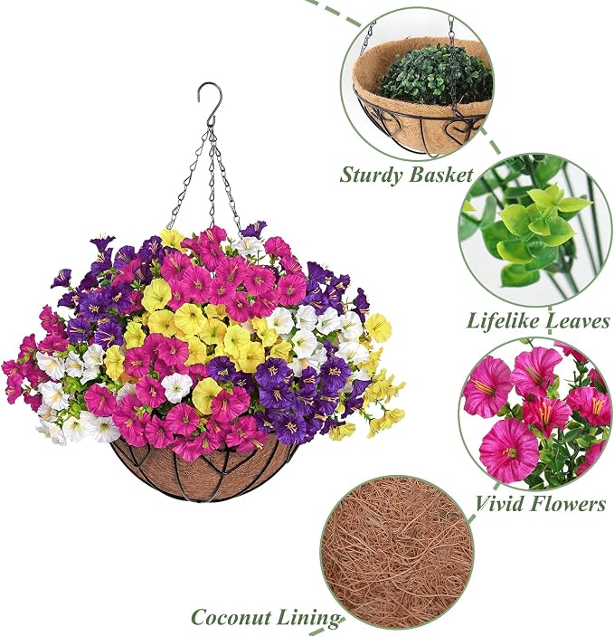 KHOYIME Artificial Hanging Flowers Plants Basket for Outdoors Indoor, 2 Set Faux Silk White Yellow Purple Fuchsia Morning Glory Fake Eucalyptus Planters UV Resistant Spring Summer Home Garden Decor