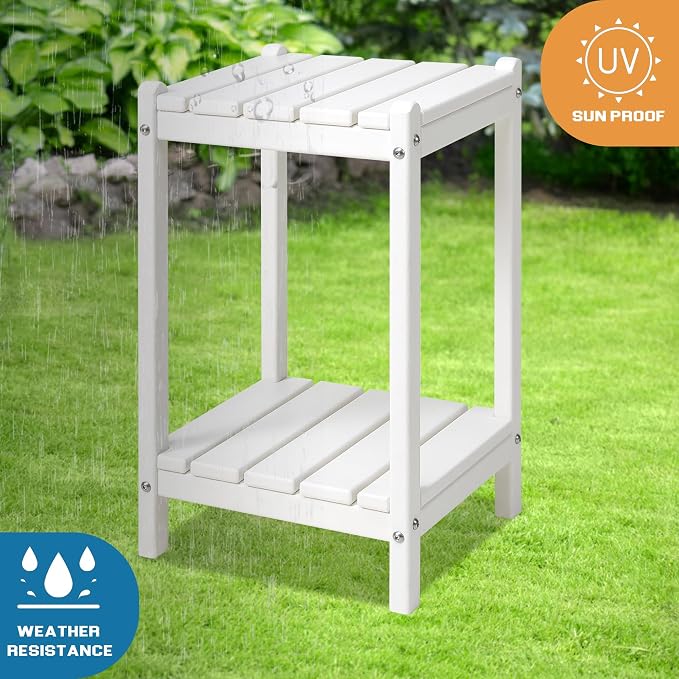 LZRS 24" Double Adirondack Outdoor Side Table, Pool Composite Patio Table,HDPE End Tables for Backyard,Pool, Indoor Companion, Easy Maintenance & Weather Resistant(White)