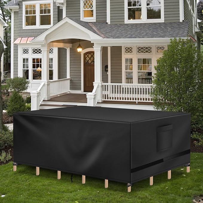Richwon Patio Furniture Covers, Outdoor Table Covers, Waterproof Rectangle, Heavy Duty, 128"L x 84"W x 28"H, Black