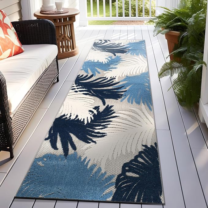 Rugshop Lucca Contemporary Floral Indoor/Outdoor 2' 7" X 12' Navy
