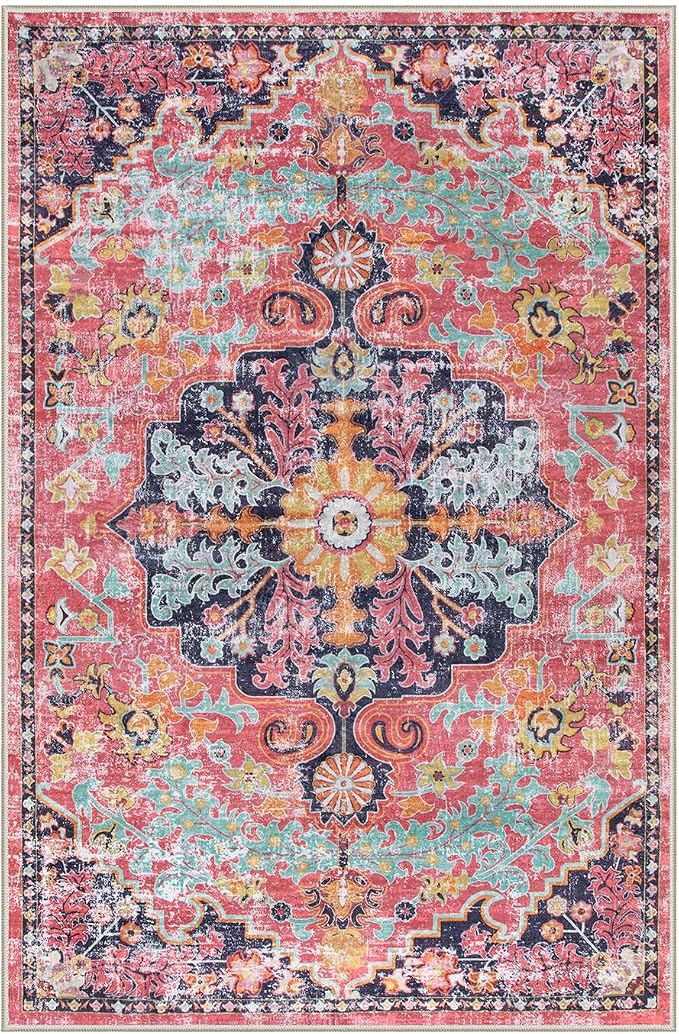Lahome Reine 6x9 Area Rugs Machine Washable Area Rugs for Living Room, Non Slip Dining Room Rugs for Under Table, Large Bohemian Vintage Non Skid Indoor Carpet for Bedroom Home Office(6x9ft,Fuchsia)