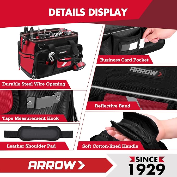 ARROW 17" Large Tool Bag with 36 Multipurpose Pockets, Tool Bags for Men Heavy Duty with Waterproof Hard Base, Reflective Band, Wide Open Mouth Toolbag for Electrician Mechanic Plumber HVAC