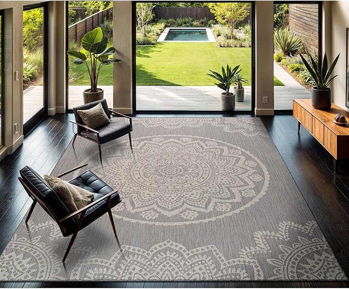 CAMILSON Outdoor Rug 9x12 Modern Area Rugs for Large Indoor and Outdoor Patios and Porches - Waterproof Washable Non-Shedding Easy-to-Clean Outside Carpet (9 x 12, Medallion - Grey/White)