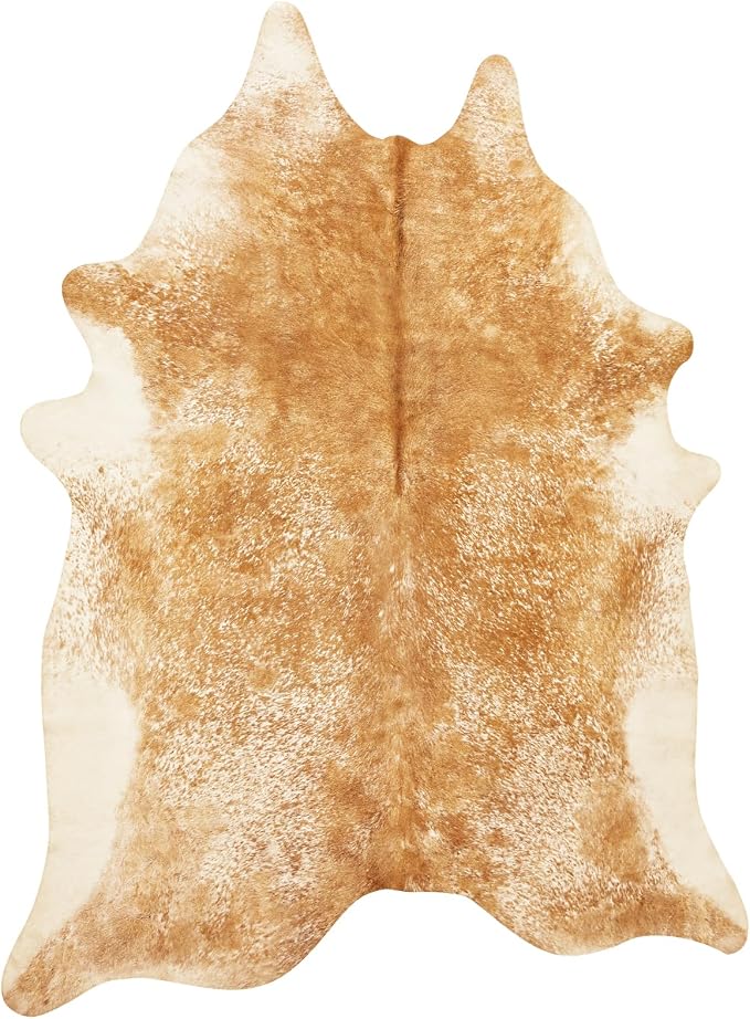 Faux Cowhide Rug 4x5 ft, Washable Non Slip Animal Print Area Rug, Khaki Brown Cow Hide Shaped Carpet for Living Room Bedroom Office Fireplace, Rustic Western Farmhouse Decor Cruelty Free