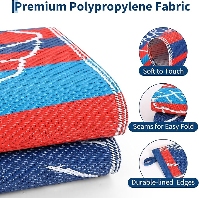 Garvee 10x14 Outdoor Waterproof Rug, Floral Outdoor Area Rug,Reversible Plastic Straw Patio Rug, Portable Camping Mat for RV, Picnic, Beach, Balcony, Garden & Camping Red&Navy