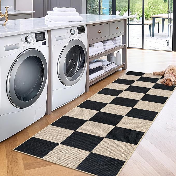 GarveeHome Checkered Easy Jute Runner Rug 2x6 Non-Slip Machine Washable Stain Resistant Indoor Outdoor Rugs for Living Room, Bedroom, Kitchen, Dining, Patio - Farmhouse Style Black