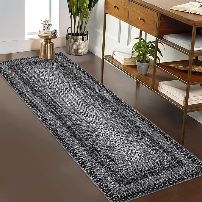RUGSREAL Washable 2x10 Runner Rug for Hallway Kitchen Modern Runner Rugs | Long Runner Throw Carpet with Rubber Backing, Stain Resistant Braided Printed Entryway Carpet for Bedroom Living Room, Black