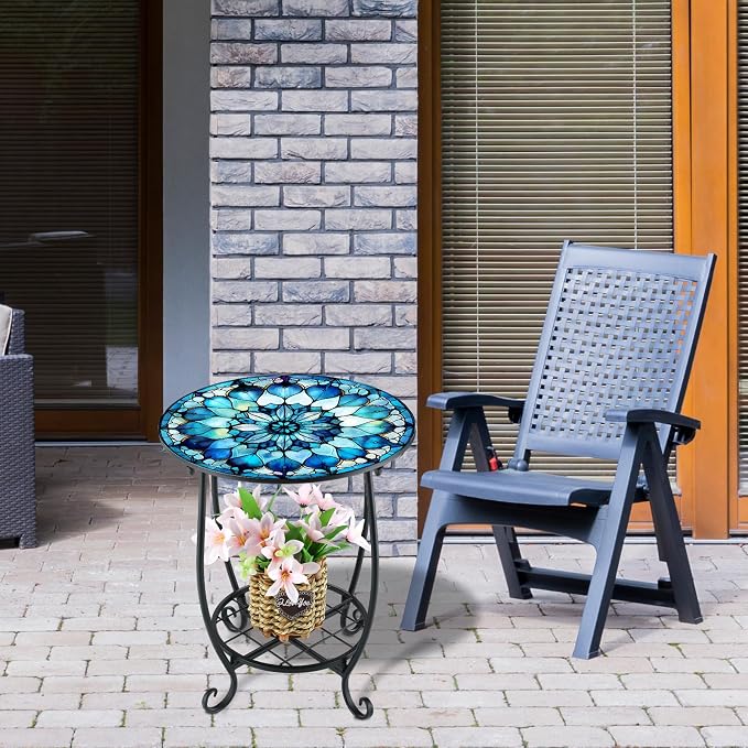 Cinnvoice Outdoor Side Table Round Small Mosaic Patio Accent Indoor End Plant Coffee Tea Table for Yard Patio Porch Garden Living Room, Bedroom(Mandala Style2,18 Inch)