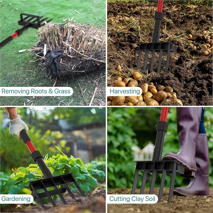 Pitch Fork for Garden, 5-Tine Heavy Duty Pitchfork for Loosening Soil, 41 Inch Gardening Fork for Digging, Composting, Spading, Cultivating Soil, Metal Fork Head with Fiberglass Handle, D-Grip