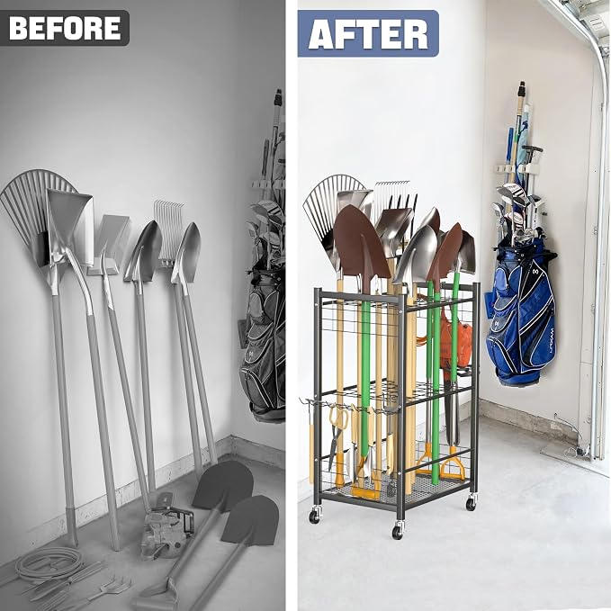 WALMANN Garden Tool Organizer with Wheels for Garage, Rakes/Shovels/Yard Tools Storage Stand for Garden, Yard, Indoor/Outdoor Long-Handled Tools Rolling Cart(Tool stand)