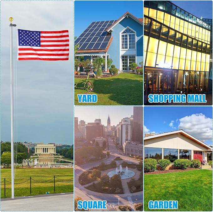 FuWeave Flagpoles for Outside House in Ground 25 ft Sectional Flag Pole Kit Extra Thick 16 Gauge Heavy Duty Aluminum Flag Pole with Gold Ball Top for Residential or Commercial (Silver)