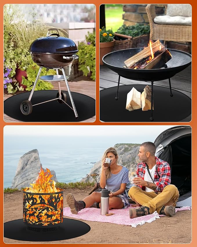48" Round Fireproof Grill Mat for Deck & Patio, Double-Sided Silicone Coated Fiberglass, Heat Resistant Up to 2000°F, Reusable Under Grill Deck Protector for Fire Pit, Smokeless Stove, Outdoor BBQ