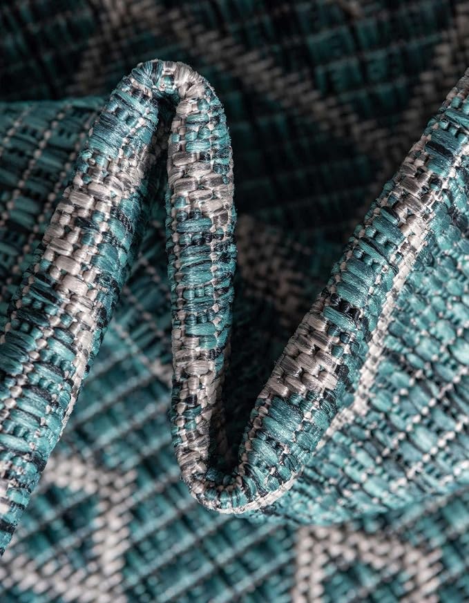 Unique Loom Outdoor Trellis Collection Area Rug - Tribal Trellis (10' 8" Square, Teal/ Ivory)
