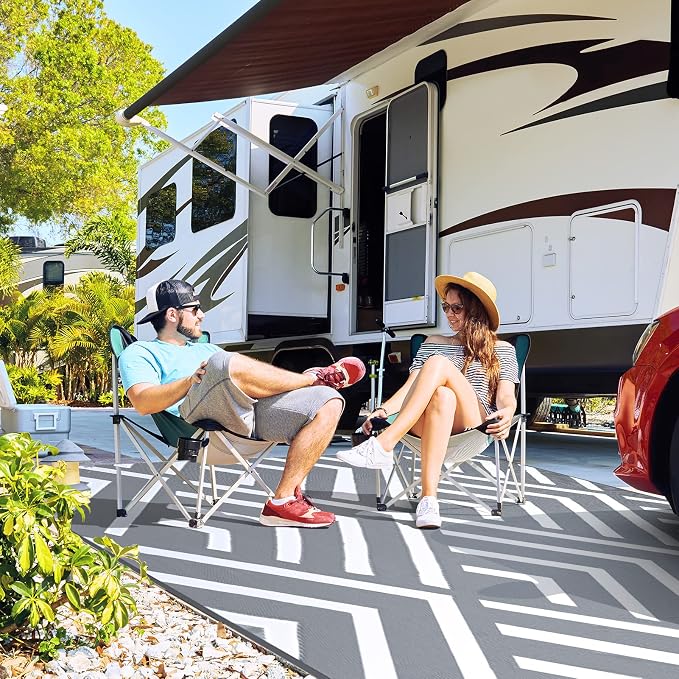 Kohree Outdoor Rug 9x12 Reversible, Waterproof Outdoor Plastic Straw Rug RV Patio Mat, Non-Slip Easy-Cleaning RV Outdoor Mat Carpet for Deck, Patio, Camping, Balcony, Deck, Backyard (Grey & White)