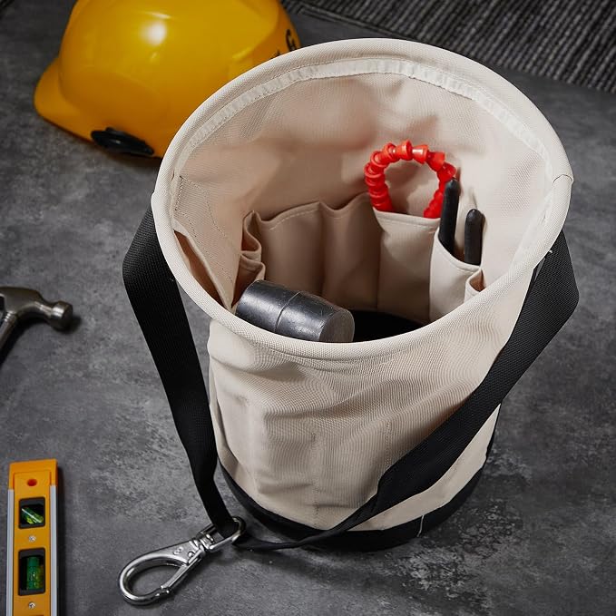 Heavy Duty Tool Canvas Bucket 12 x 12 x 9'' Tapered Wall Bucket Bag with 14 Inner Pockets, Thickened 14 Ounce Canvas, Plastic Bottom High Weight Load Capacity up to 100 Lbs(Unprinted)