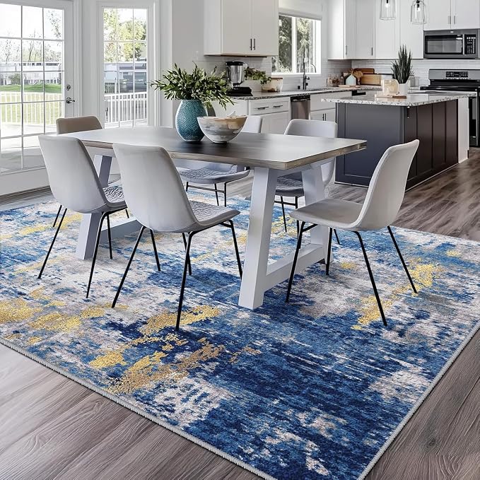 RELEANY Washable Square 6'x6' Area Rug for Living Room Blue Gold | Carpet for Bedroom, Kitchen, Office, Hallway and Entryway, Printed Pattern, Non‑Slip, Soft, Stain‑Resistant, Easy to Clean