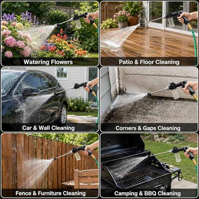 High Pressure Water Washer Jet with Foam Bottle, 360° Rotating Garden Hose Nozzle Sprayer, 3/4 in Connector, Adjustable Spray Wand with 4 Sealing Rings for Car, Yard, Patio, Pet Cleaning