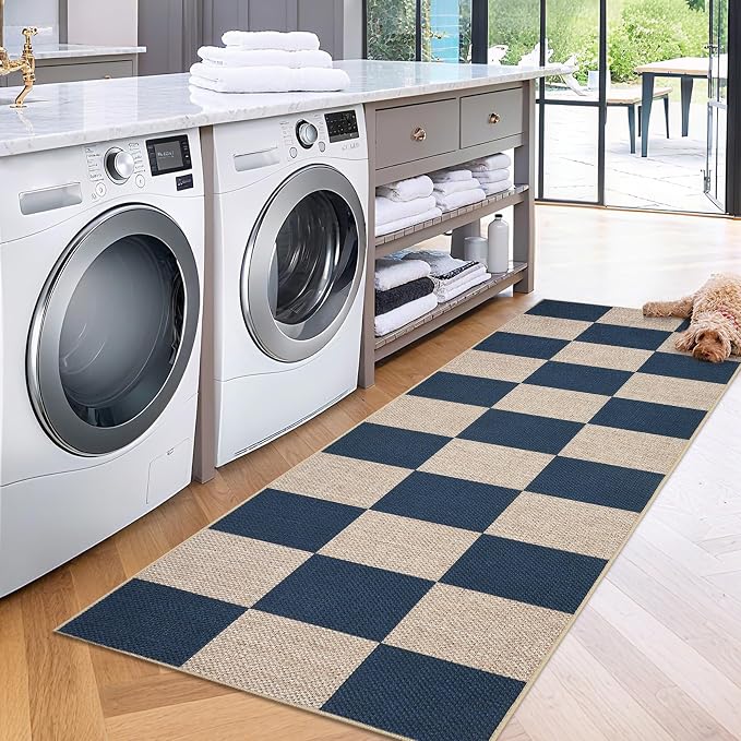 GarveeHome Checkered Easy Jute Runner Rug 2x6 Non-Slip Machine Washable Stain Resistant Indoor Outdoor Rugs for Living Room, Bedroom, Kitchen, Dining, Patio - Farmhouse Style Navy Blue