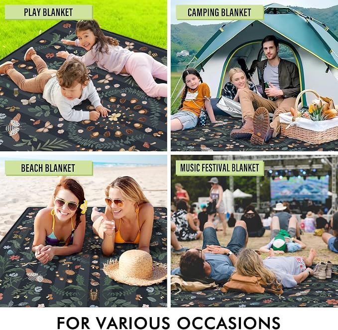Mushroom Picnic Blankets Waterproof Foldable, 80″X80″ Extra Large Picnic Mat Insect Outdoor Blanket for Grass, Packable Beach Blanket Sandproof Picnic Accessories for Camping Music Festival Park Lawn