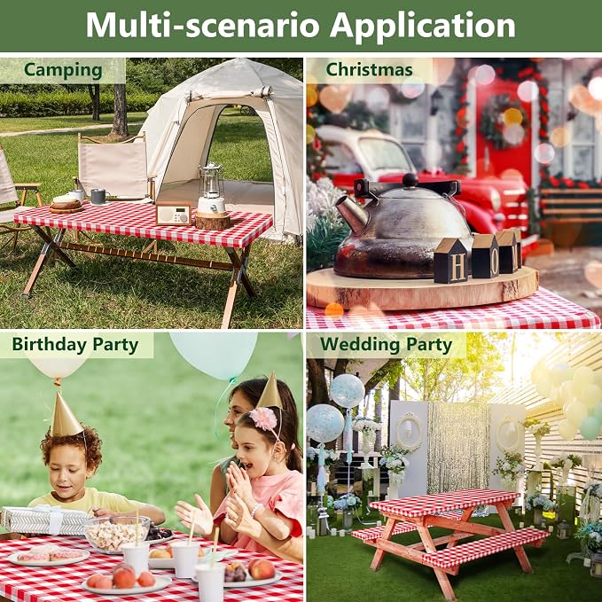 Picnic Table Cover with Bench Covers and Bag, Camping Essentials Camping Table Cover with Elastic Edges, 72x30 Inches 3 Pcs Set (Red)