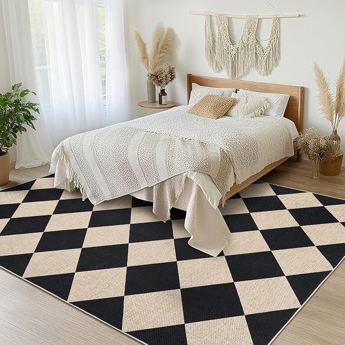 GarveeHome Checkered Easy Jute 3x5 Entryway Rug Machine Washable | Outdoor Patio Rug Non-Slip Backing Checkerboard Black Indoor Outdoor Carpet for Hallway Bathroom Kitchen Bedroom