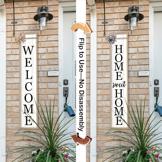 Outdoor 2in1 Welcome Sign for Front Door Home Sweet Home Sign for Farmhouse Tall Outdoor Front Porch Standing 2 Sided 45"X9" Large Vertical Leaner Rustic Outside Decor (Wood White)