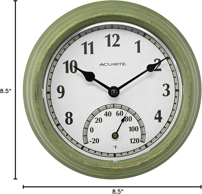 AcuRite 02470 Rustic Green Outdoor Clock with Thermometer, 8.5"