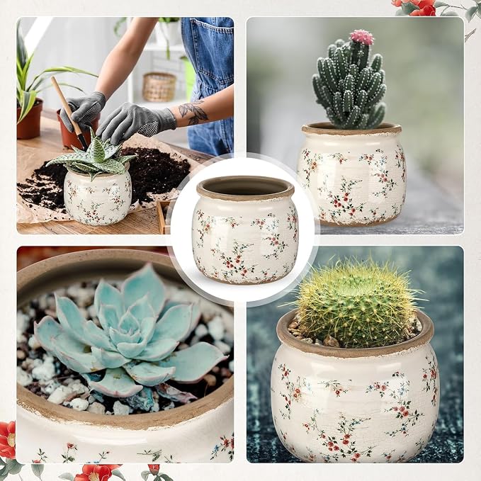 7.7" Large Ceramic Plant Pot Beige Red Cottage Rose Crackle Glaze Rustic Flowers Pot Decorative Planter with Drainage for Indoor Outdoor Plants Home Kitchen Office Decor Gift
