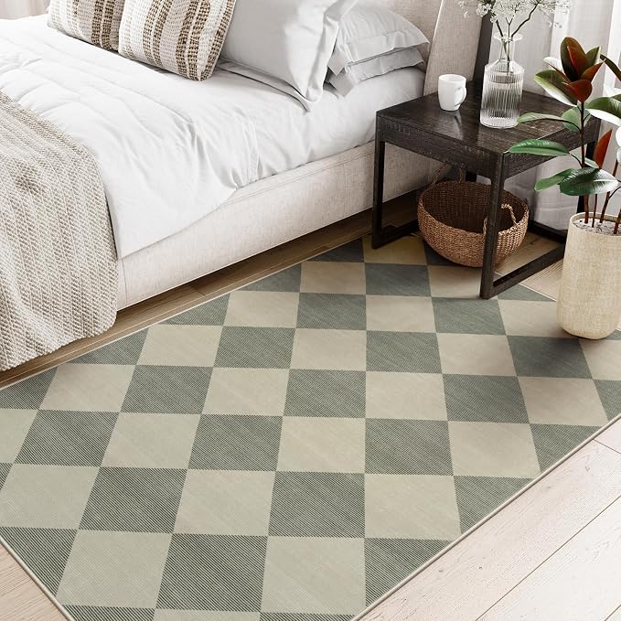 Beeiva Checkered Print Bedroom Area Rug 3x5, Non Slip Ultra Thin Washable Entryway Rug Low Pile Soft Bathroom Rugs Green, Moroccan Farmhouse Trellis Throw Rugs for Kitchen Office Kids Room
