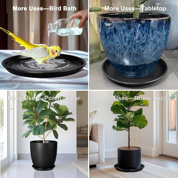 Flower Pot Saucer 12 Inch - Ceramic Plant Saucer for Outdoors Plant Drip Tray for Pots Indoor No Holes Large Plant Dishes to Catch Water Decorative Plant Drainage Tray Black