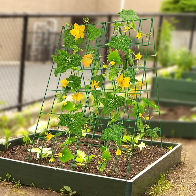 DoCred Cucumber Trellis, 2 Pack Foldable A Frame Trellis for Raised Bed Climbing Plants, Vegetables, Includes Plant Support Clips, Twist Ties, Plastic Ties- Made from PVC-Coated Steel