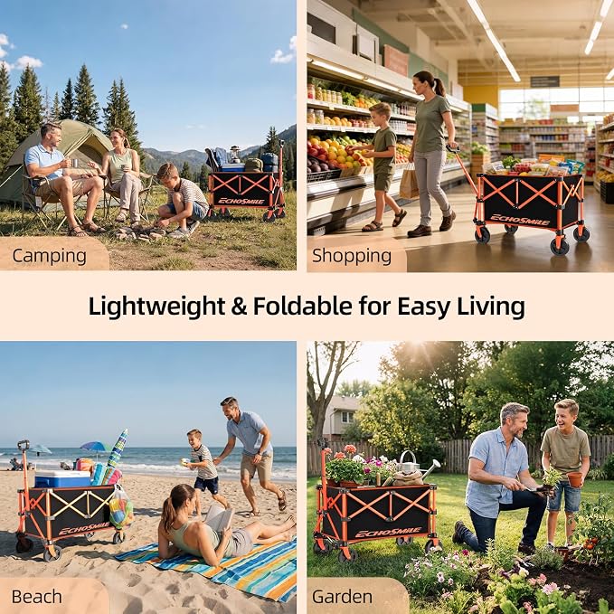EchoSmile Lightweight Collapsible Wagon Cart, Compact Foldable Wagon for Grocery, Camping & Sports, Easy Fold Utility Wagon,Black&Orange