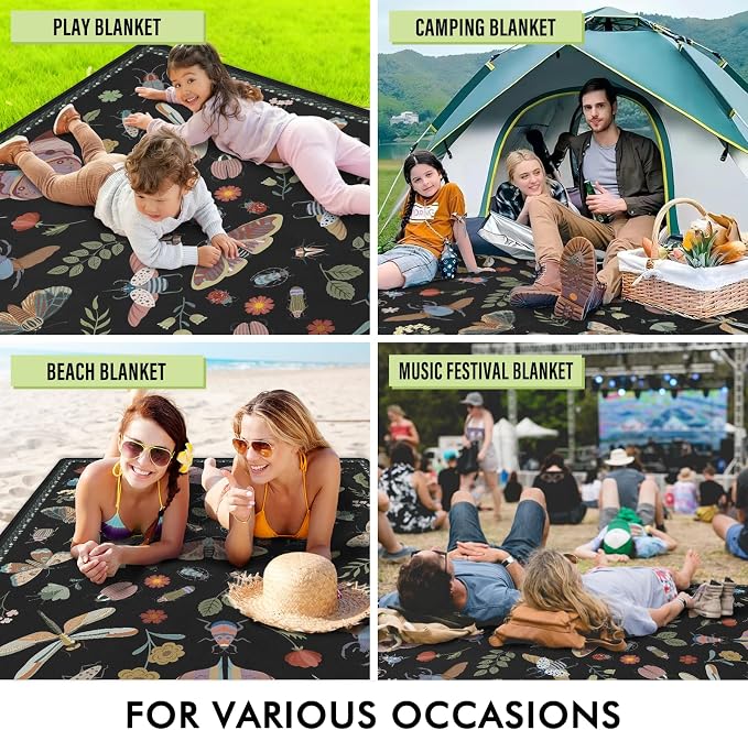 Insect Picnic Blankets Waterproof Foldable, 80″X80″ Extra Large Picnic Mat Boho Outdoor Blanket for Grass, Cute Packable Beach Blanket Sandproof Picnic Accessories for Camping Music Festival Park Lawn