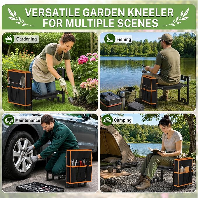 Qatsrin Portable Foldable Garden Kneeler and Seat, Heavy Duty Garden Bench Chair with Wider Thicker Soft Kneeling Pad, Gardening Stool with Tool Bag, Gardening Gifts for Women Seniors Parents, Black