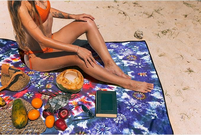 Picnic Blankets Extra Large Waterproof, 80"x 60"Tie-dye Beach Mat with Corner Pockets Windproof Sandproof Foldable Portable 3-Layer Mat Darker for Wet Grass,Parks,Music Festival,Camping,Concerts