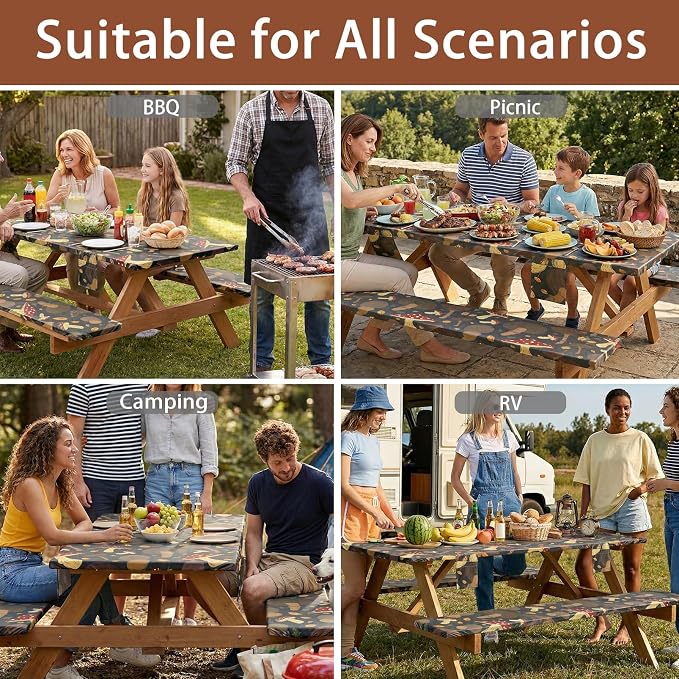 Jobunai Picnic Table Cover with Bench Covers Fitted Waterproof Camping Tablecloth with Elastic for 6 Foot Rectangle Tables Outdoor Travel Rv Essentials Summer Vacation Accessories Gift for Men Women
