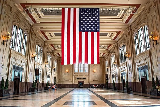 Large 8x12 FT American Flags for Outside,High Wind Durable USA Flag Outdoor, Embroidered Stars,Sewn Stripes,3 solid brass grommets,Heavy Duty Nylon All Weather US Flag