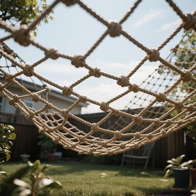 Jute Hemp Rope Net,Heavy Duty Natural Safety Rope Netting Balcony Stairs Fence Garden Playground Protection Net Indoor & Outdoor Decoration Rope Netting (6.5 FT x 10 FT-6mm)