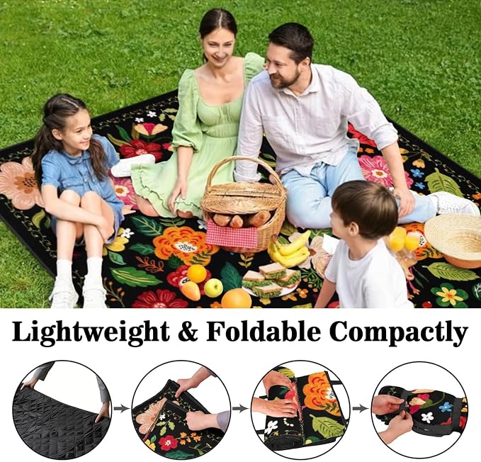 Picnic Blankets Waterproof Foldable Extra Large,80"x 80" Outdoor Beach Blanket Sandproof,3-Layer Lightweight Handy Mat Tote Picnic Camping Rugs for Outside Your Rv (Boho Vintage Floral Black)