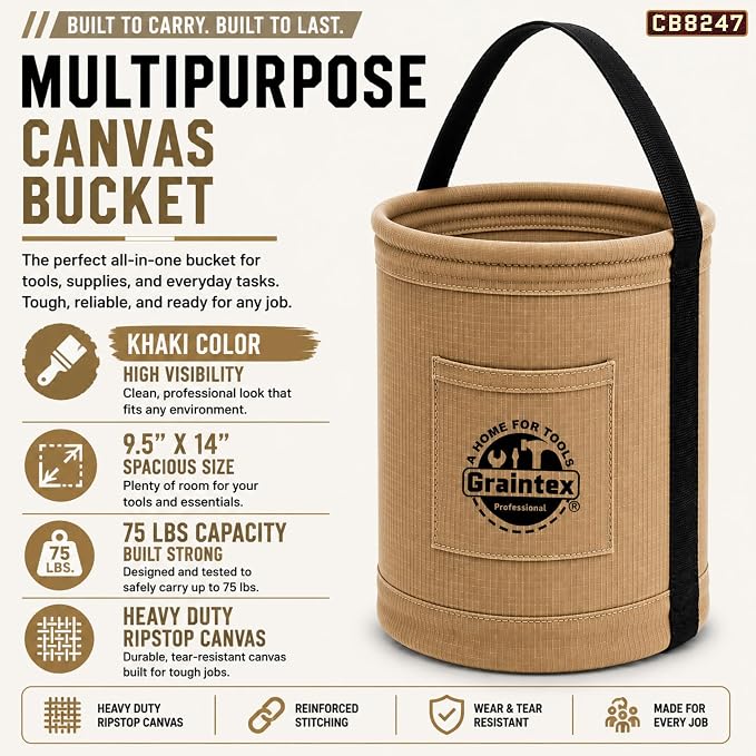 Graintex Canvas Utility Bucket 9.5"x14", Round Tool Bucket, Reinforced Base & Carry Handle, Ripstop Canvas, Ideal Multi-Purpose Bag for Jobsite, Gardening, Home Use, Tool Storage (Khaki)
