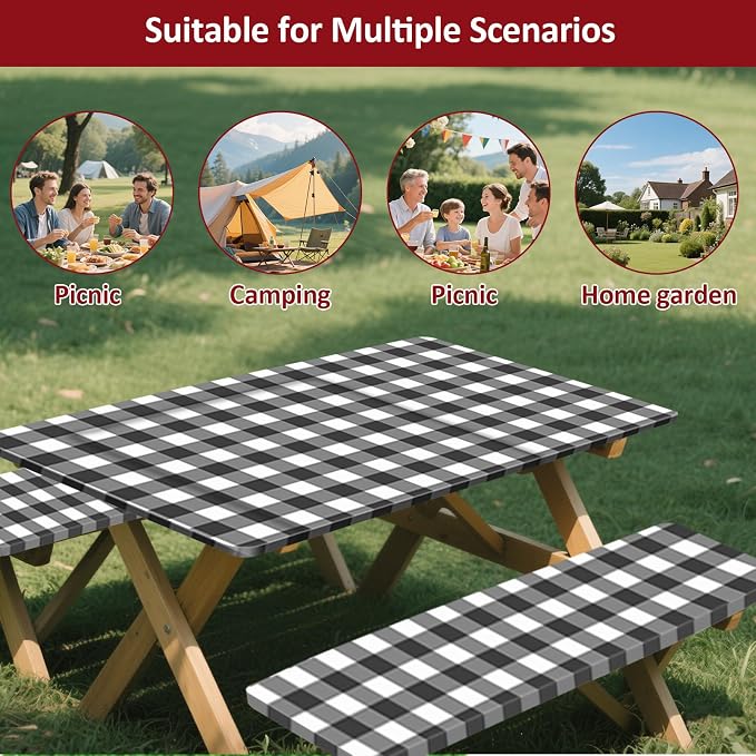 8ft Picnic Table and Bench Cover, Camping Essentials RV Gear, 96 in Waterproof Windproof Outdoor Elastic All Around Tablecloth, Fitted Rectangle Tables and Seats, Black-White Checkered