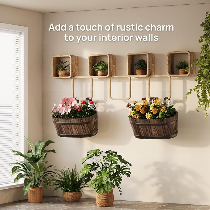 2PACK Railing Planter Box Wood Hanging Flower Pots for Railing Fence Outdoor Balcony Planters for Wall Window Flower Box Hanging Bucket Pots Countryside Plant Holder (Carbonized,2pcs,Large)